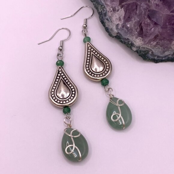 Green Aventurine Gemstone Beads Dangle Drop Handmade Pierced Earrings LR131 - Picture 3 of 4